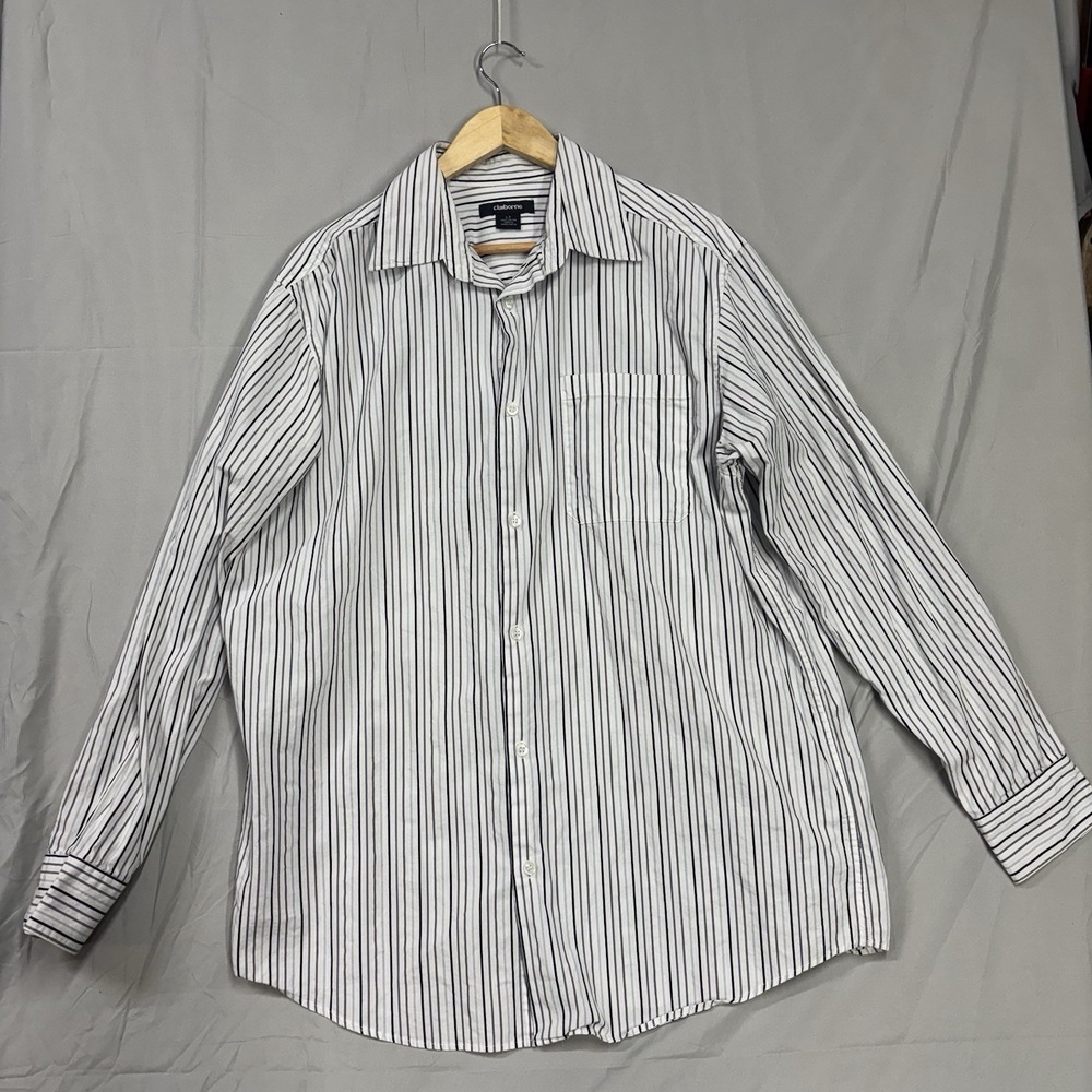 Claiborne Dress Shirt Striped Mens LT White Black 100% Cotton Pocket